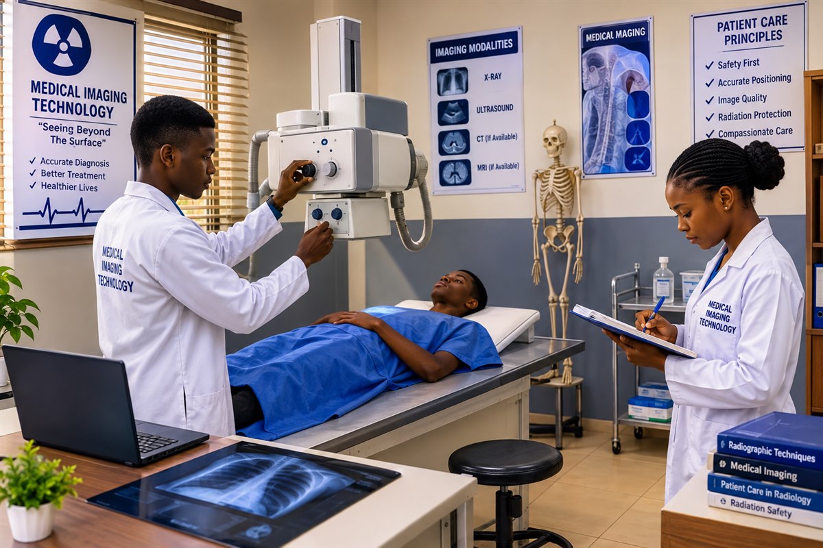 Medical Imaging students positioning a patient for an X-ray