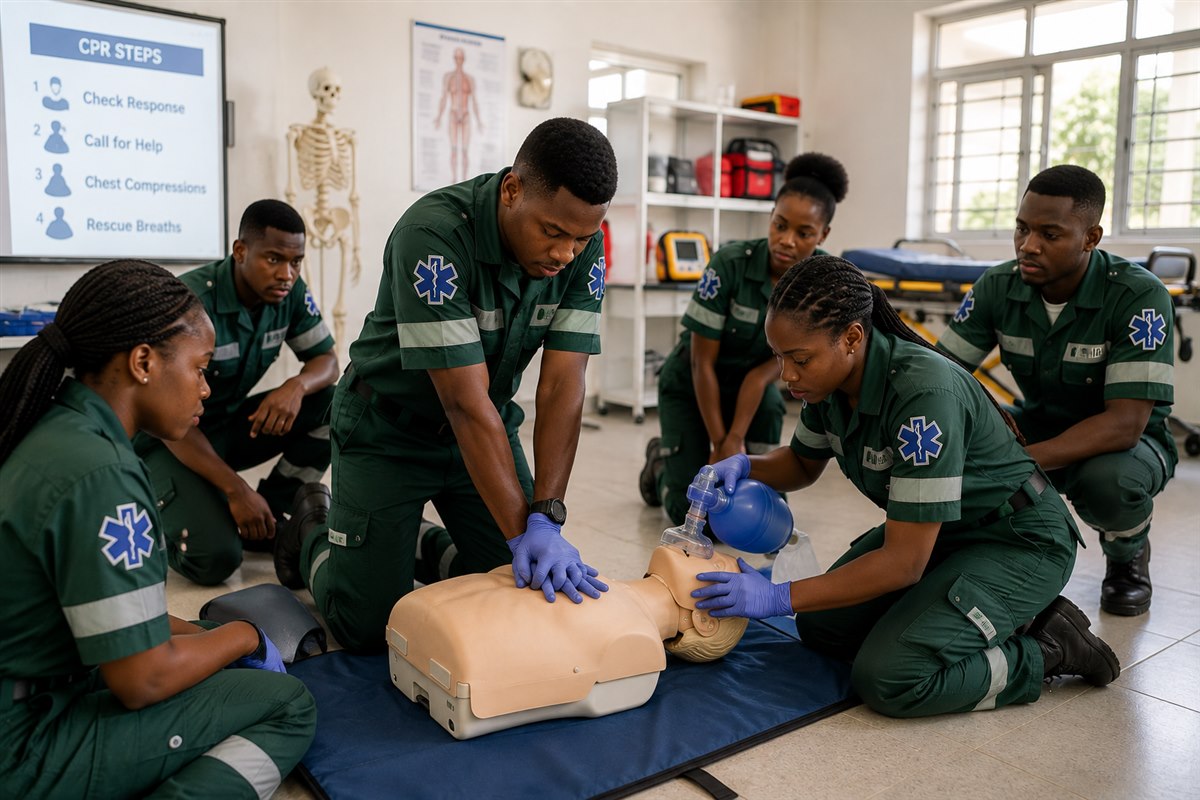 Paramedic students learning CPR steps