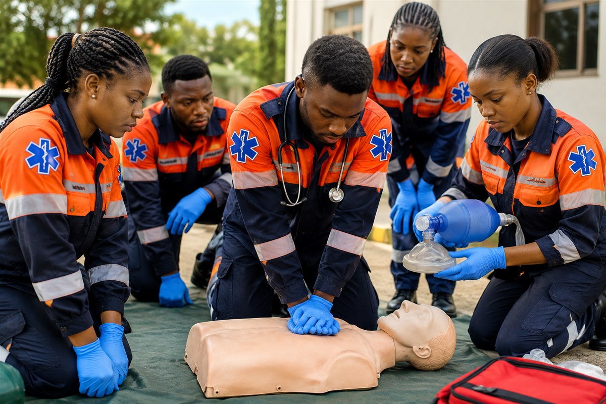 Paramedic students practicing CPR outdoors